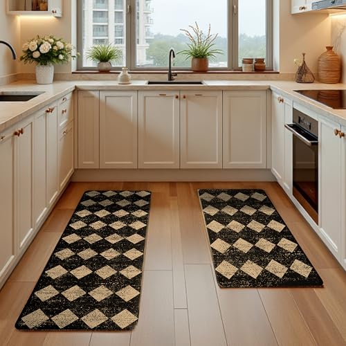 Black Brown Moroccan Trellis Checkered Kitchen Rug Sets [2 PCs], Anti-Fatigue, Waterproof Non-Slip Kitchen Mats Heavy Duty Ergonomic Comfort Foam Rug for Floor, Home, Laundry,17"x29"+17"x47" - color: Trellis-black & Brown, size: 17.3"x29"+17.3"x47"-0.4"H