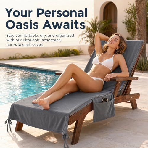 VOCOOL Lounge Chair Towel Cover Beach Chair Cover Grey 85" x 30" | Ultra Plush & Absorbent Micro Chaise Chair Towel for Sun Lounger Patio Hotel Garden, Quick Dry, Non-Slip Design with Pockets - color: Grey