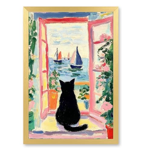 Vintage Colorful Black Cat Wall Art Funny Floral Oil Painting Poster Aesthetic Animal Print Window Landscape Picture for Dorm Bedroom Gallery Living Room or Pet Lover 8x12inch Golden frame - color: Colorful - Golden PVC frame, size: 8"L x 12"W