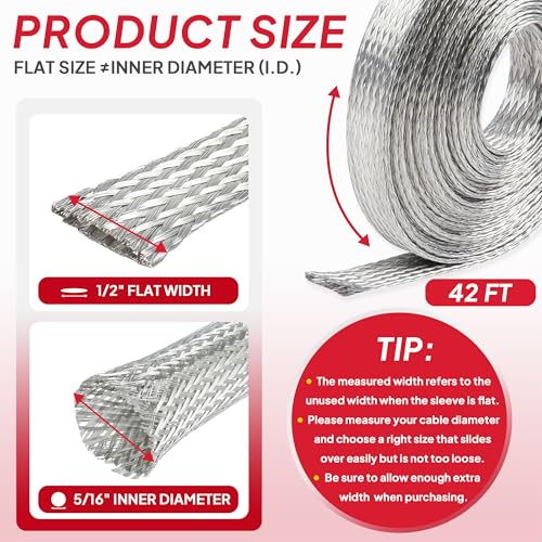 1/2" Wide Tinned Copper Braided Metal Wire Shielding Sleeve Ground Strap Automotive Flat Mesh Flexible Expandable Sheath (12mm ID-42ft) - size: 1/2 in Wide(0.32 in Dia)-42ft