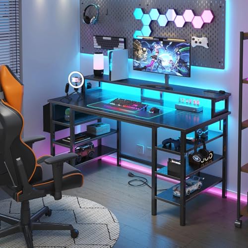 Lufeiya Gaming Desk with LED Lights and Storage Shelves, 47 inch Computer Desk with Power Outlets, Home Office Desk with Monitor Stand, Writing Table PC Desks, Black - color: Black