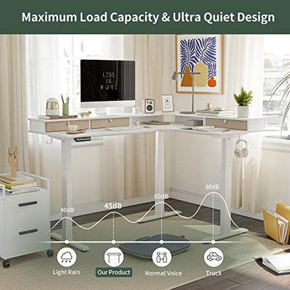FEZIBO Triple Motor 63" L Shaped Standing Desk with 3 Drawers, Electric Standing Gaming Desk Adjustable Height, Corner Stand up Desk with Splice Board, White Frame/White Top