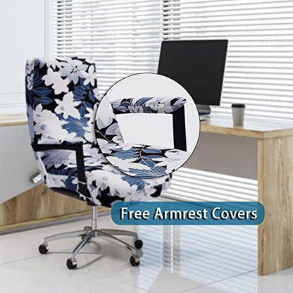 WOMACO Office Chair Covers, Stretch Computer Chair Cover with Armrest Covers, Universal Boss Chair Covers Modern Simplism Style High Back Chair Slipcover (Leaves and Flowers, Large) - color: 2-white Flowers