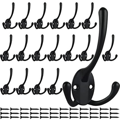 IBosins 18 Pack Big Heavy Duty Three Prongs Coat Hooks Wall Mounted with 36 Screws Retro Double Utility Rustic Hooks for Thick Coat, Big Heavy Bag - color: 18 Pcs Black