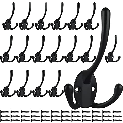 IBosins 18 Pack Big Heavy Duty Three Prongs Coat Hooks Wall Mounted with 36 Screws Retro Double Utility Rustic Hooks for Thick Coat, Big Heavy Bag - color: 18 Pcs Black