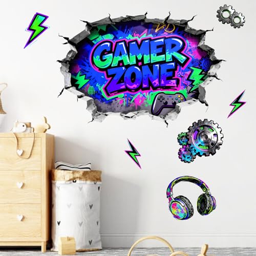 Mfault 3D Gamer Zone Broken Wall Decals Stickers, Video Game Controller Earphone Nursery Decorations Boys Bedroom Art, Cool Gear Lightning Kids Teen Men Gaming Room Playroom Home Decor