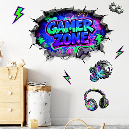 Mfault 3D Gamer Zone Broken Wall Decals Stickers, Video Game Controller Earphone Nursery Decorations Boys Bedroom Art, Cool Gear Lightning Kids Teen Men Gaming Room Playroom Home Decor