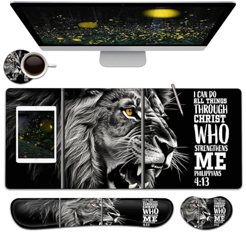Large Mouse Pad + Keyboard Wrist Rest Set, Extended Gaming Mousepad (31.5X11.8 inch) with Non-Slip Rubber, Ergonomics Memory Foam Mouse Wrist Rest Support, Lion Philippians 4:13 Black XXL Desk Pad - color: Yu-Mouse Pad-3-B38