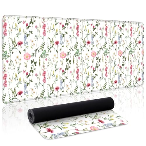 White Kawaii Flower Mouse Pad Large Desk Mat Extended Keyboard Mouse Pad Cute Mousepad with Non-Slip Base and Stitched Edge Floral Mouse Mat Desk Pad 31.5 x 11.8 Mouse Pads for Desk Home Office Gaming - color: White Wildflower