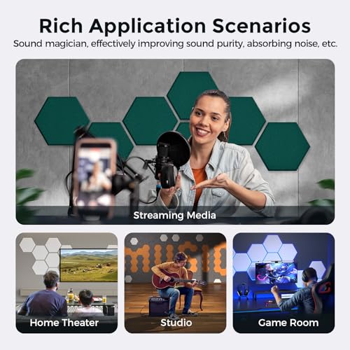 Self-Adhesive Acoustic Panels [390 lbs/yd³ Ultra-High Density], 2nd Generation Sound Absorbing Panel, Professional Level Sound Panel, Polyester Soundproof Foam [Medium Hexagon, Dark Green] - color: Dark Green, size: Medium Hexagon (12''x10''x0.4'')