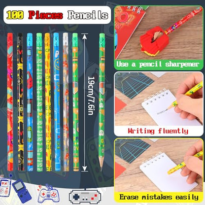 Kolewo4ever 148 Pieces Video Game Theme Stationery Set:100 Pcs Video Game Pencils 24 Pcs Game Pattern Mini Spiral Notepad Memo Pad 24 Pcs Game Metal Charms Bookmarks (Video Game)