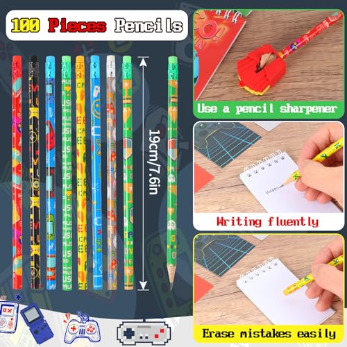 Kolewo4ever 148 Pieces Video Game Theme Stationery Set:100 Pcs Video Game Pencils 24 Pcs Game Pattern Mini Spiral Notepad Memo Pad 24 Pcs Game Metal Charms Bookmarks (Video Game)