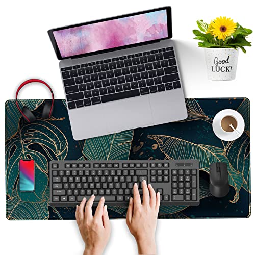 Desk Pad, Green Gold Palm Leaves Extended Gaming Mouse Pad Cute Large Desk Mat, Non-Slip Rubber Base Mousepad with Stitched Edges, Keyboard Mouse Mat Desk Pad for Game Office Home 31.5x15.75 in - color: Green Gold Palm Leaves