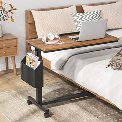 Tribesigns Height Adjustable C Shaped End Table with Wheels and Side Pocket, Mobile Sofa Snack Table with Tiltable Drawing Board, Laptop Side Tray Table for Couch Bed (Walnut Brown) - color: Walnut Brown