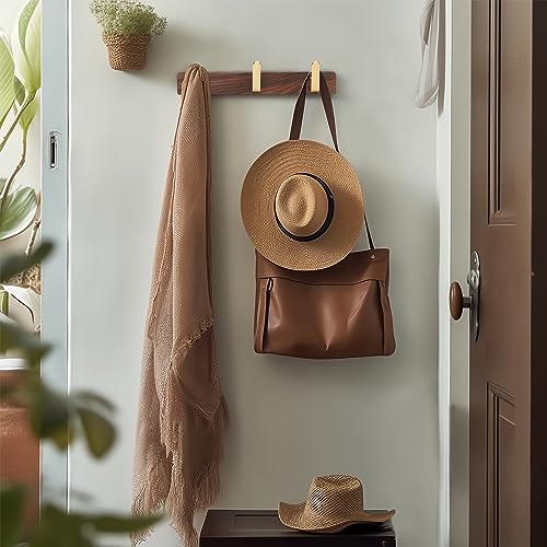 Wall Mounted Coat Rack, Entryway Hanging Coat Rack, Metal Wood Coat Rail with 3 Rustic Hooks Rail for Coat, Scarf, Bag, Towel, Key, Cap, Hat, Walnut Gold Matt - size: 3 Hooks - Curve Shape