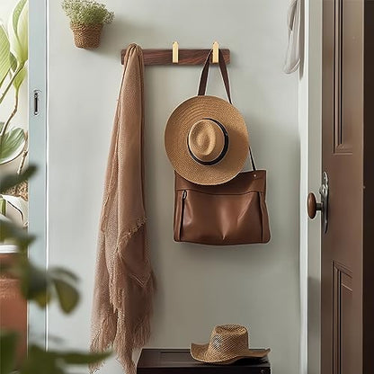 Wall Mounted Coat Rack, Entryway Hanging Coat Rack, Metal Wood Coat Rail with 3 Rustic Hooks Rail for Coat, Scarf, Bag, Towel, Key, Cap, Hat, Walnut Gold Matt - size: 3 Hooks - Curve Shape