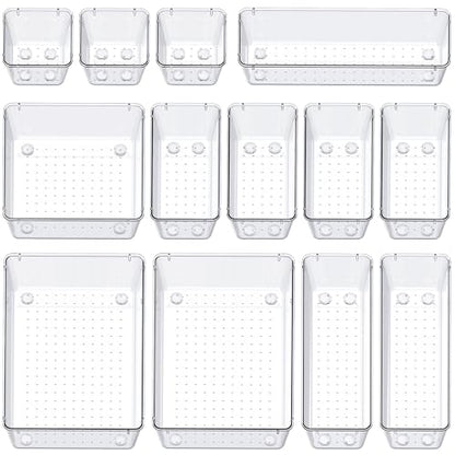 SMARTAKE 13-Piece Drawer Organizers with Non-Slip Silicone Pads, 5-Size Desk Bathroom Drawer Organizer Trays Storage Tray for Makeup, Jewelries, Utensils in Bedroom Dresser, Office and Kitchen, Clear - size: 13 PCS