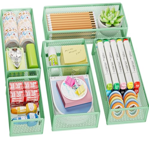 Marbrasse 5 Pack Desk Drawer Organizer Set, Mesh Drawer Storage Trays with 1 Adjustable Divider, Desk Organizers and Accessories, 5 PCS Drawer for Office Supplies, Makeup & Vanity (Green) - color: Green