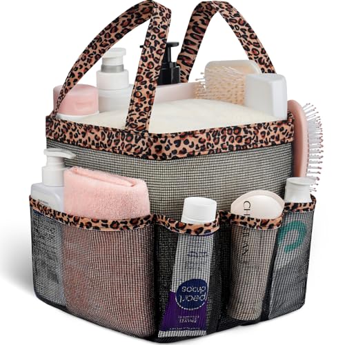 Attmu Mesh Shower Caddy Portable for College Dorm Room Camping Essentials, Shower Caddy Dorm with 9-Pockets, Large Capacity Hanging Basket Bathroom Bag for Toiletry, Swimming, Gym, Camp, Beach - color: Brown Leopard