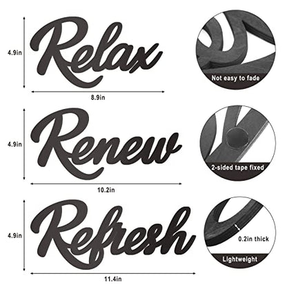 3 Pieces Bathroom Decor Black Wooden Bath Room Sign Bathroom Wall Art Farmhouse Relax Renew Refresh Sign (black) - color: Black