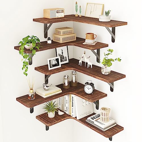 Fixwal Corner Floating Shelves for Wall Set of 5, Rustic Wood Wall Mounted Shelf for Bathroom, Kitchen, Bedroom, Home Decor, Laundry Room, Living Room (Dark Carbonized Black) - color: 2-dark Carbonized Black