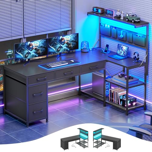 Itaar L Shaped Gaming Desk with 5 Drawers and Storage Shelves, Reversible Computer Desk with Bookshelf for Home Office, L Shaped Corner Desk with LED Lights, Power Outlets and Storage Bag, Black - color: Black