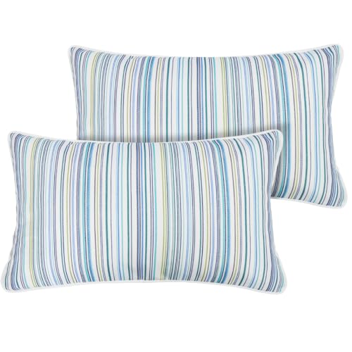 FUNHOME Set of 2 Patio Lumbar Pillows with Insert, 12”x20” Water-Repellent Fade Resistant Outdoor Lumbar Pillow, Decorative Garden Lumbar Cushions for Home Patio Coach Sofa Use-Blue Stripe - color: Blue Stripe, size: 20"L x 12"W(With Insert)