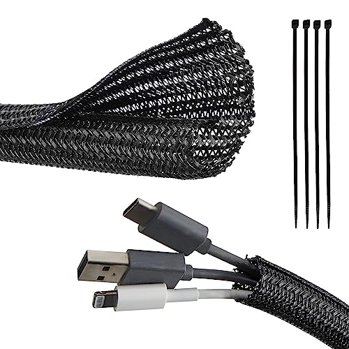RED WOLF Cable Sleeves Cord Management Braided Wire Loom Split Sleeving 3/8 Inch x 10 FT Protector Wiring Cable Cover Flexible Self-Wrap for Automotive Home Office Anti-Scratch High-Temperature Black - size: 3/8" x 10FT
