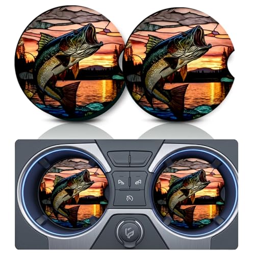 2PCS Bass Fish Car Cup Holder Coasters, Cars Coasters for Cup Holders, 2.75" Universal Anti Slip Rubber Mat with Finger Slot, Bass Fish Car Accessories Interior Decor, Fishing Gifts for Mem - color: Bass Fish Sunset Scene
