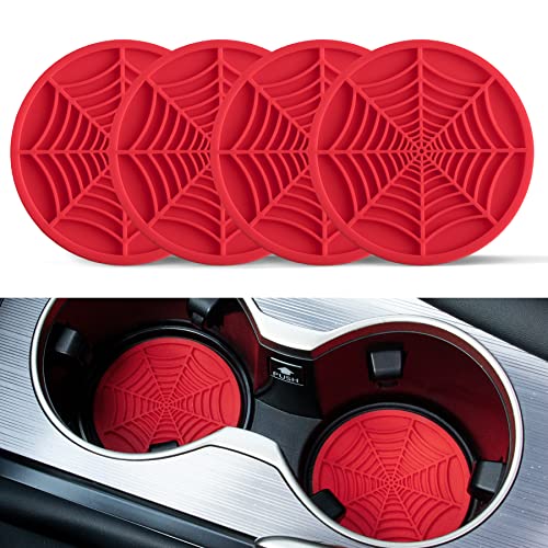 Alpmosn 4PCS Spider Web Car Coasters for Cup Holders, Halloween Funny Non-Slip Silicone Insert Ornaments Coasters, Automotive Cupholder Goth Accessories for Men & Women(Red) - color: Red