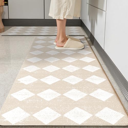 Moroccan Trellis Cream Checkered Kitchen Rug Sets [2 PCs], Anti-Fatigue, Waterproof Non-Slip Kitchen Mats Heavy Duty Ergonomic Comfort Foam Rug for Floor, Home, Laundry,17"x29"+17"x47" - color: Trellis-cream, size: 17.3"x29"+17.3"x47"-0.4"H