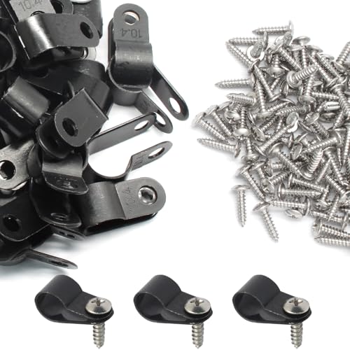 50 Pcs 3/8 Inch Black Nylon Screw Mounting R-type Cable Clip Wire Clamp, 10.4mm Cable Clip Wire Clamp for Wire Management, Stainless Steel Screws Included - color: 50 Pcs Black, size: 3/8