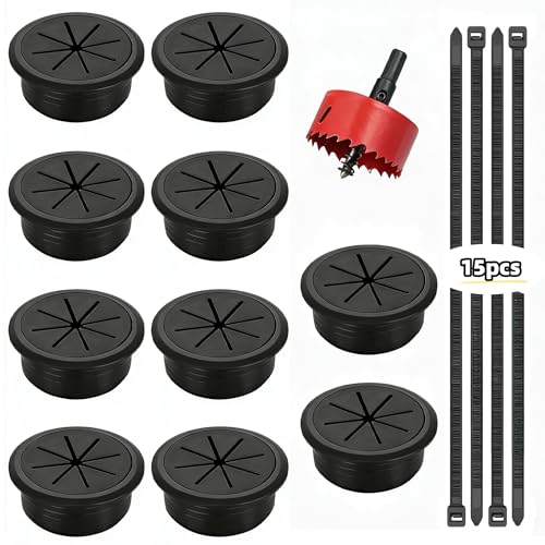 10Pcs Desk Grommet 2 inch/50m,Cable Grommet with Hole Saw & 15 Zip Ties,Desk Hole Grommet Desk Cord Hole Cover Desk Cable Grommet for Office Home Desk Table - color: Black
