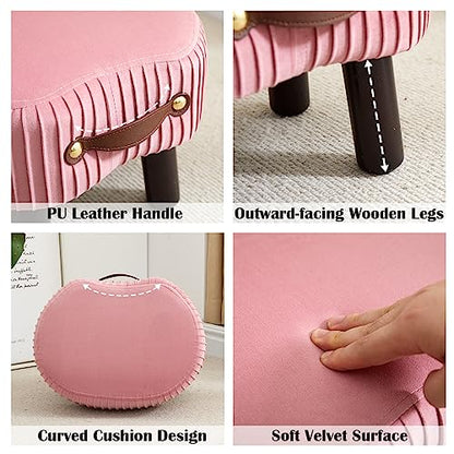 Foot Stools Small, Ottomon with Handle, Velvet Footrest Ottoman | Curved Foot Stool with Padded Seat Wooden Legs, Portable Foot Rest for Living Room, Bedroom, Entryway (Pink) - color: Pink