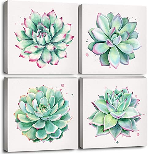 Succulent Wall Decor for Bathroom Mint Green Cactus Wall Art for Living Room Kitchen Accessories Nature Plant Wall Decor Tropical Botanical Leaf Canvas Pictures Bedroom Home Decorations 12x12" 4 Pcs - color: Green Succulent Plants, size: 12x12in