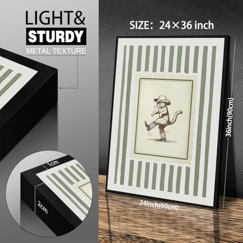 Funny Western Cowboy Cat Wall Art Whimsical Cute Animal Poster Vintage Sage Green Striped Canvas Prints 24x36 inch Black Framed for Living Room Bedroom Nursery Wall Decor - color: green-4, size: 36"L x 24"W, style: Framed