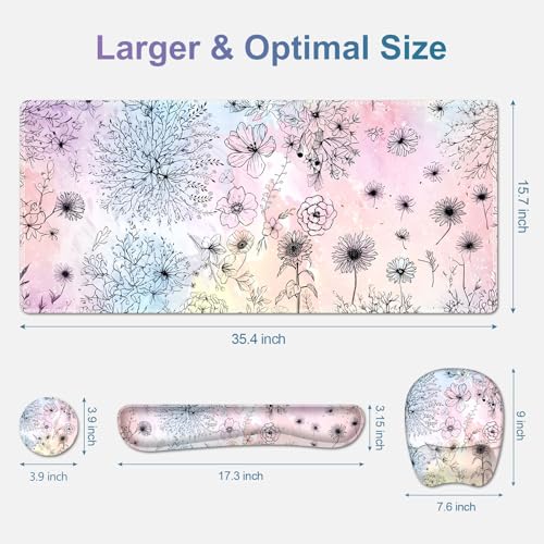 Large Mouse Pad, Keyboard Wrist Rest Set, Ergonomic Mouse Pad with Wrist Support, Desk Mat with Stitched Edges Extended Desk Pad Waterproof Desk Mat for Home Office Game I Dandelion & Sunflower - color: Dandelion & Sunflower