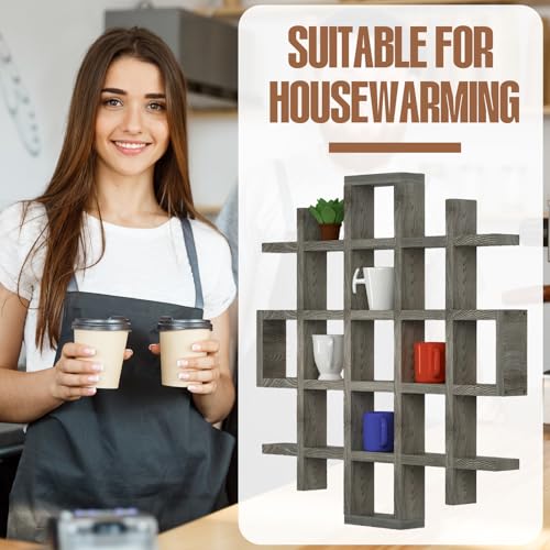 Suzile Oversize Coffee Mug Display Rack Wooden Display Shelves Rustic Wooden Floating Curio Shelf Travel Wall Mounted Coffee Mug Rack Holder Shadow Box Shelf (Grid Size 5.1x5.1x3in,Grey) - color: Grey