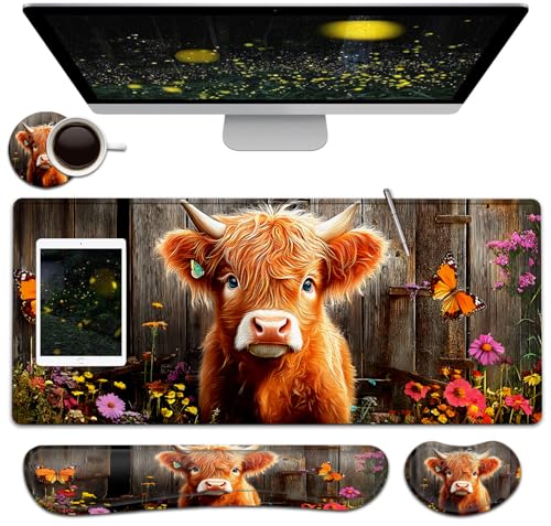 Large Mouse Pad + Keyboard Wrist Rest Set, Extended Gaming Mousepad (31.5X11.8 inch) with Non-Slip Rubber, Ergonomics Memory Foam Mouse Wrist Rest Support, Highland Cow Baby Pattern XXL Desk Pad - color: Yu-Mouse Pad-3-B56