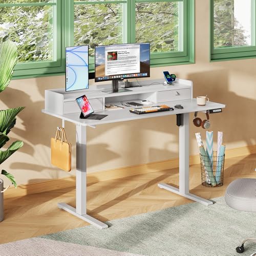 DEVAISE 48 Inch Electric Standing Desk with Shelf, Adjustable Computer Desk for Home Office, with LED Touchscreen，Headphone Hook, 3 Memory Preset, with One-Piece Desktop, White - color: White, size: 48 Inch / One-Piece Top/ with Shelf