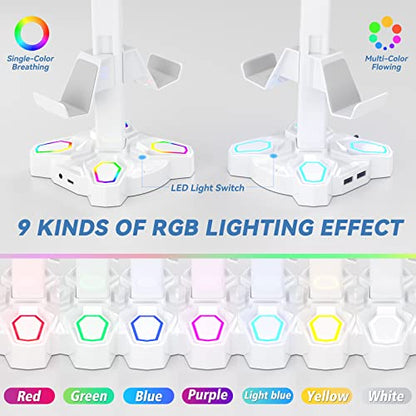 KDD Gaming Headphones Stand, Rotatable Headset Stand with Light Modes - Controller Holder with 2 USB Charging Ports and 3.5mm - Earphone Hanger Accessories for Desktop Gamer(White) - color: White