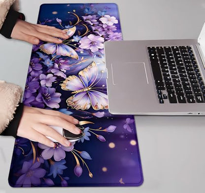 IMAYONDIA Gold Butterfly Desk Pad, Purple Flowers Large Mousepad, Floral Desk Mat, Modern Beutiful Extended Mouse Pads for Laptop, Computer Pad for Women Girls Office, 31.5x11.8 in - color: Purple Butterfly