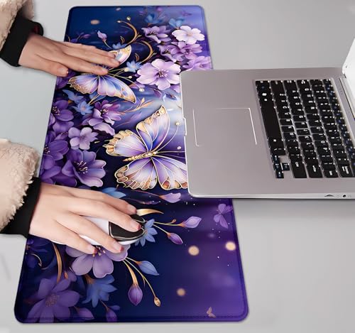 IMAYONDIA Gold Butterfly Desk Pad, Purple Flowers Large Mousepad, Floral Desk Mat, Modern Beutiful Extended Mouse Pads for Laptop, Computer Pad for Women Girls Office, 31.5x11.8 in - color: Purple Butterfly