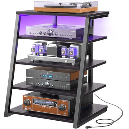 Armocity 5-Tier AV Media Stand with Power Strips, Media Console with LED Lights, Audio Tower Rack with Adjustable Shelves, Stereo Stands and Racks, 40.8'', Black Ebony - color: Black Ebony, size: 40" (H)