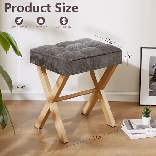 Royal Windsor Vanity Stool,Square Ottoman Stool Foot Rest,Upholstered Vanity Chair Foot Stool with Metal X Legs, Small Vanity Seat for Entryway,Bedroom and Living Room,Dark Grey+Yellow - color: 12.6"d Dark Grey+yellow