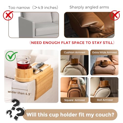 Couch Cup Holder Tray for Armrests Over 4.9" Wide, Bamboo Couch Arm Tray with 360° Rotating Phone Stand, 3 in 1 Foldable Sofa Arm Tray Table for Remote, Snacks, Phone, Drinks Natural - color: Natural Colors+bamboo