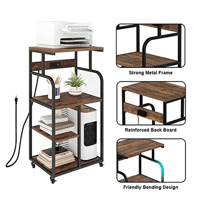 VEDECASA Large Printer Stand Cart with Charging Station USB Port 21.2"x15.7"x42.3" Rolling Tall 3-Tier Printer Stand with Adjustable Shelf Storage Home Office - color: Brown