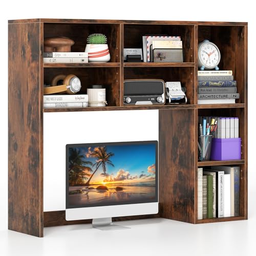 Giantex Desktop Bookshelf, Desk Hutch Dorm w/ 7 Cubes & 3 Adjustable Shelves, Desk Shelf for Up to 27" Computer Monitors, Wooden Desktop Storage Organizer for Dorm College Office Home, Rustic Brown - color: Rustic Brown, size: 7 Shelves (31"H)