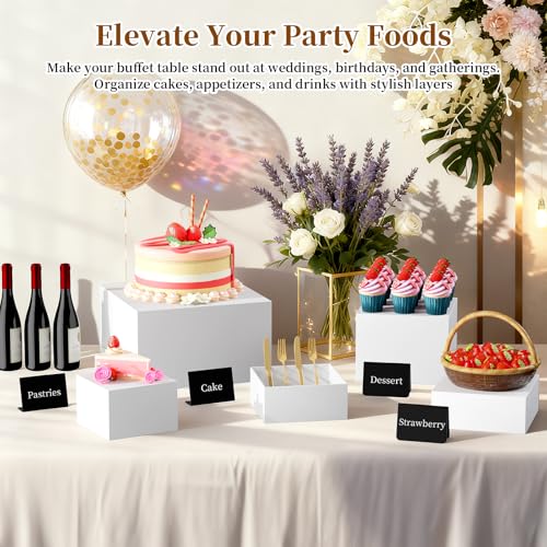 3 PCS 10" 9" 8" White Buffet Risers with Mini Sign and Makers, Large Food Risers for Buffet Table, Display Shelf Stands for Party, Catering, Dessert, Jewelry Collectibles, Nesting Cube Boxes with Hollow Bottoms Set