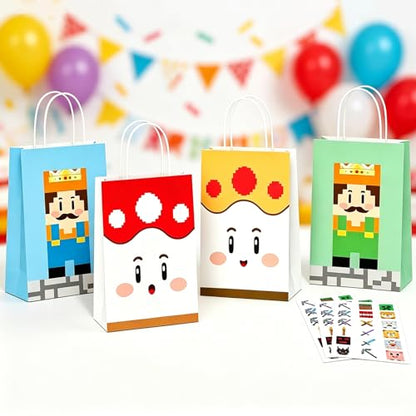 Magpixel Gift Bags with Handle: 16PCS Video Game Party Favor Bags, 54PCS Pixel Temporary Tattoos, Cartoon Paper Goodie Bags for Kids Birthday Christmas Holiday Decoration Classroom Treats